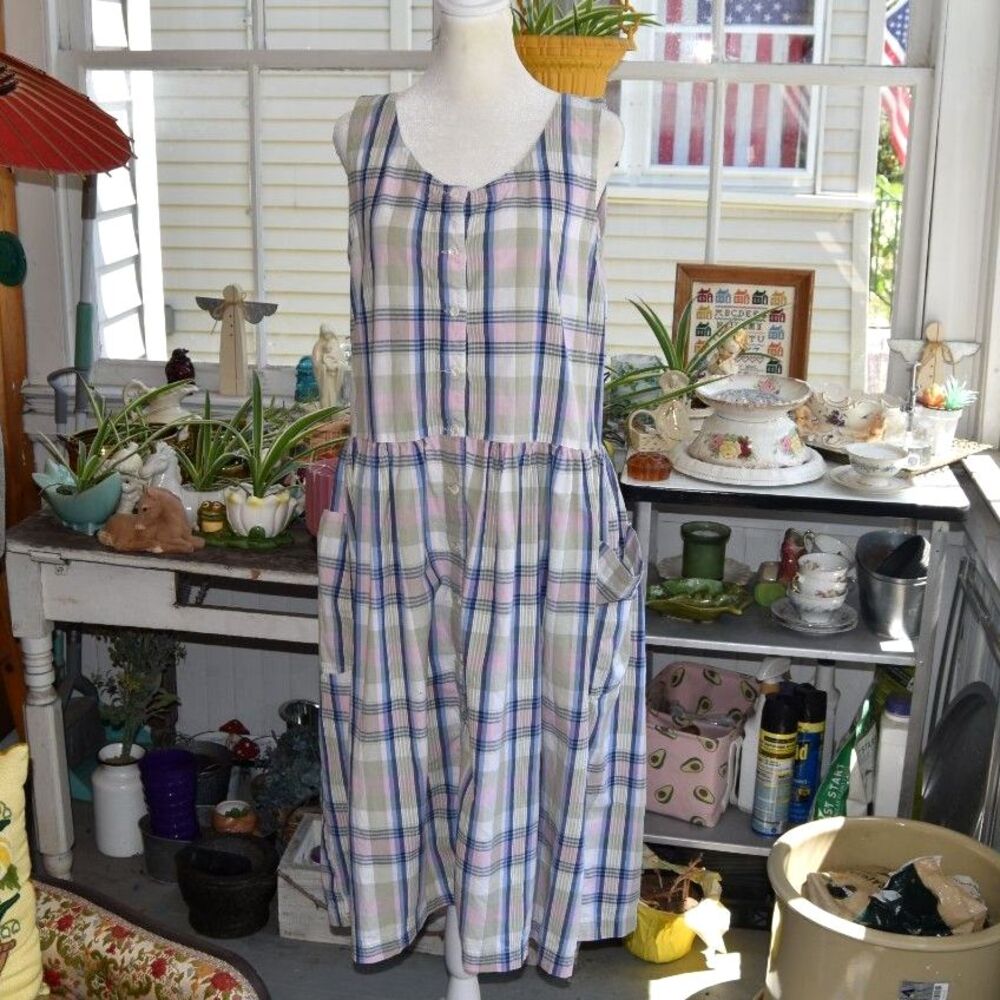 Vintage 90s Pastel Plaid Jumper Dress Cotton Cottagecore Pockets Medium